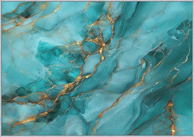 Turquoise Marble Abstract Area Rug, Blue Gold Pattern Carpet, Washable Non Slip Low Pile Soft Thin, Living Room Bedroom Home Decor Mat 6x8ft