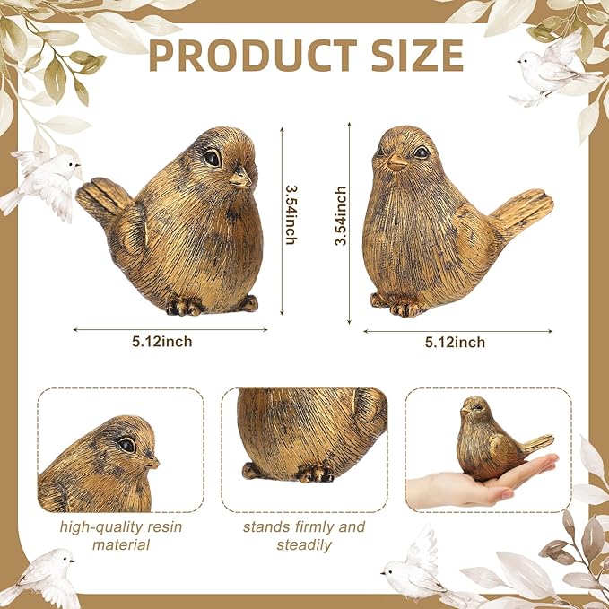 Blulu 2 Pcs Gold Bird Figurines Home Decor Resin Bird Statue Vintage Farmhouse Decoration Boho Animal Decorative Sculpture Gifts for Home Table Office Shelf Tabletop Accents