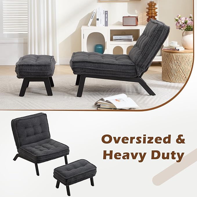 ANJ Armless Accent Chair with Ottoman Adjustable Backrest, Black Living Room Chair Tufted Upholstered Lounge Chair with Footrest Set, Modern Chair Cozy Reclining Chair for Reading Room Bedroom
