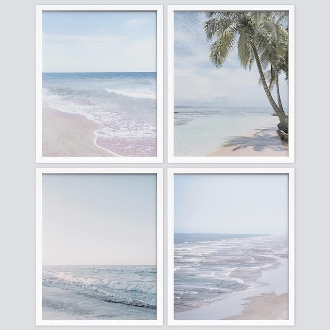 SIGNWIN Framed White Pastel Tropical Island Ocean Beach Shore Wall Art, Set of 4 Landscape Colorful Wall Decor Prints, Nature Wilderness Wall Décor for Living Room, Bedroom - 12"x16" White