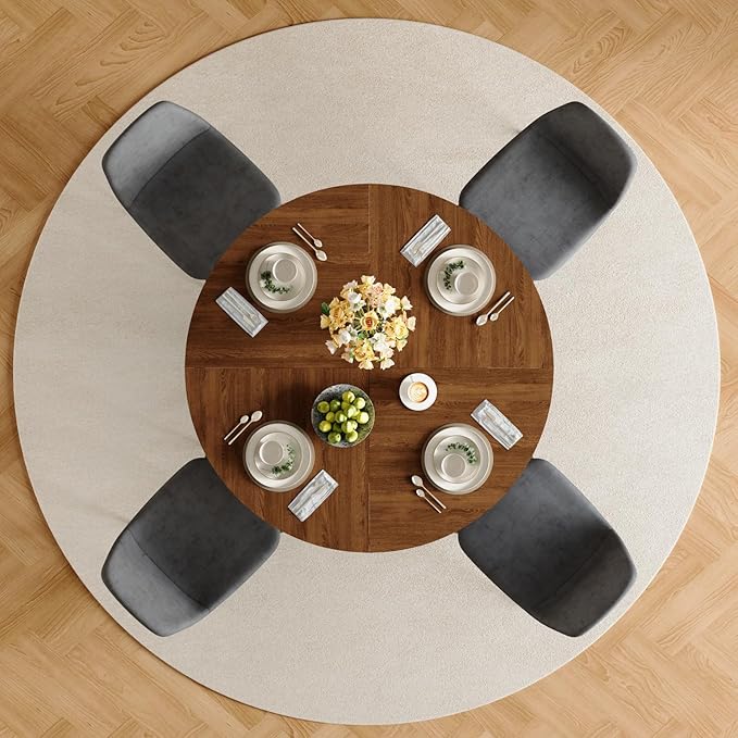 47" Round Dining Table Set for 4, Walnut Wood Grain Table and 4 Dark Gray Linen Upholstered Chairs Set, Mid Century Modern Kitchen Table Set with Cross Legs