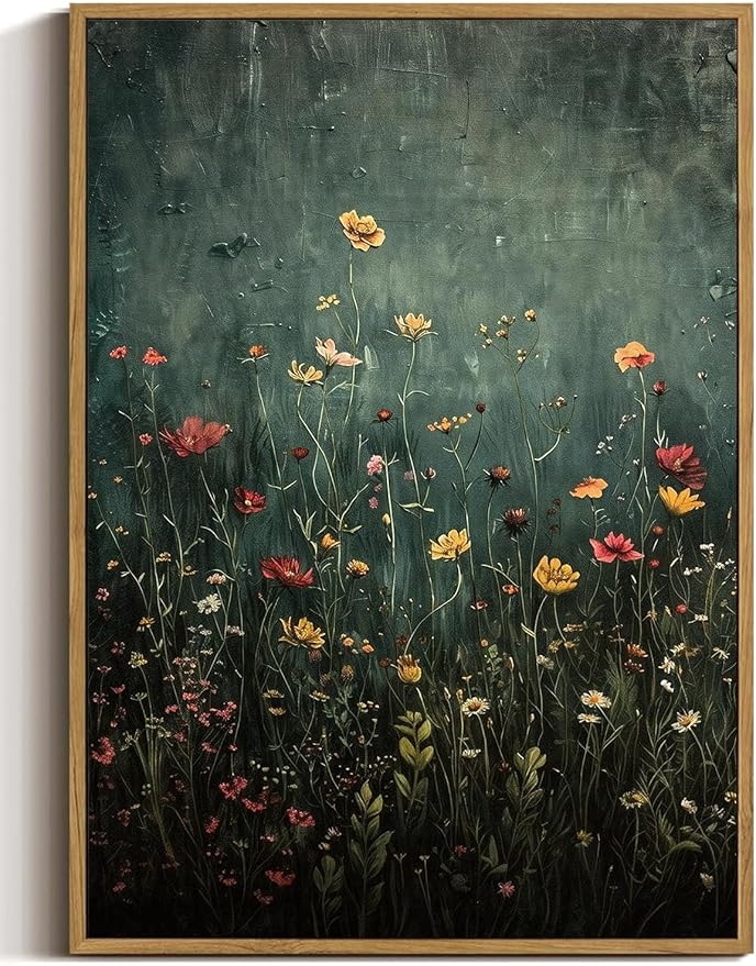 WALLZK Vintage Framed Wall Art Wildflower Canvas Prints Botanical Pictures Green Nature Floral Decor Artwork for Walls Living Room Bedroom Bathroom 8"x10"