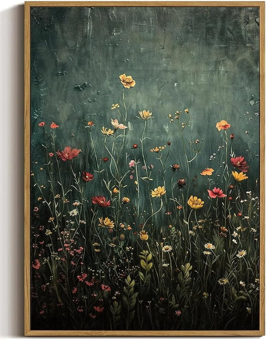 WALLZK Vintage Framed Wall Art Wildflower Canvas Prints Botanical Pictures Green Nature Floral Decor Artwork for Walls Living Room Bedroom Bathroom 8"x10"
