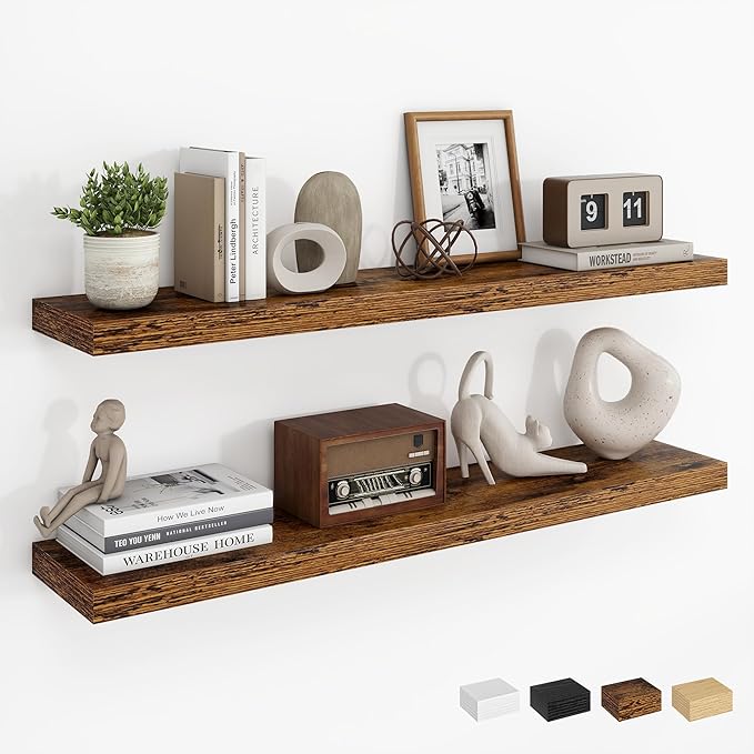 Dreamland 36Inch Floating Shelves for Wall, Rustic Wooden Floating Shelves for Bathroom|Bedroom|Kitchen, 2 Pack Deep Wall Mounted Book Shelf, Wood Storage Display Shelf for Home Decor, Brown