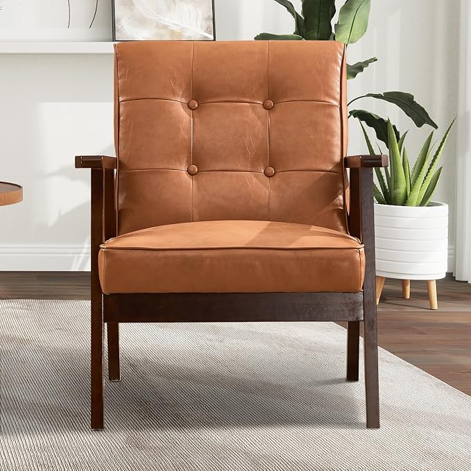 IOMOR Accent Chair Mid Century Modern Chair for Living Room, Comfy Faux Leather Armchair with Solid Wood Frame Soft Thick Padded, Side Chairs Easy Assembly Set of 2, Brown