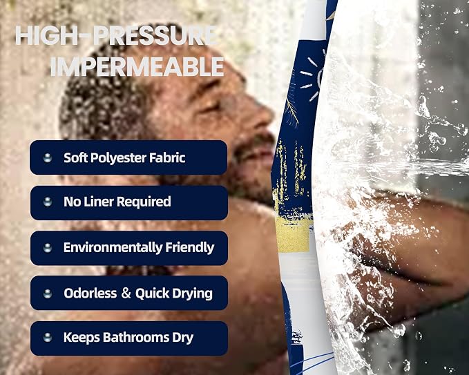 Blue and White Mid Century Modern Shower Curtain, 70x72 Inch | Bohemian Abstract Navy Blue and Gold Bathroom Decor Sets, Waterproof Cloth Fabric, Includes Hooks