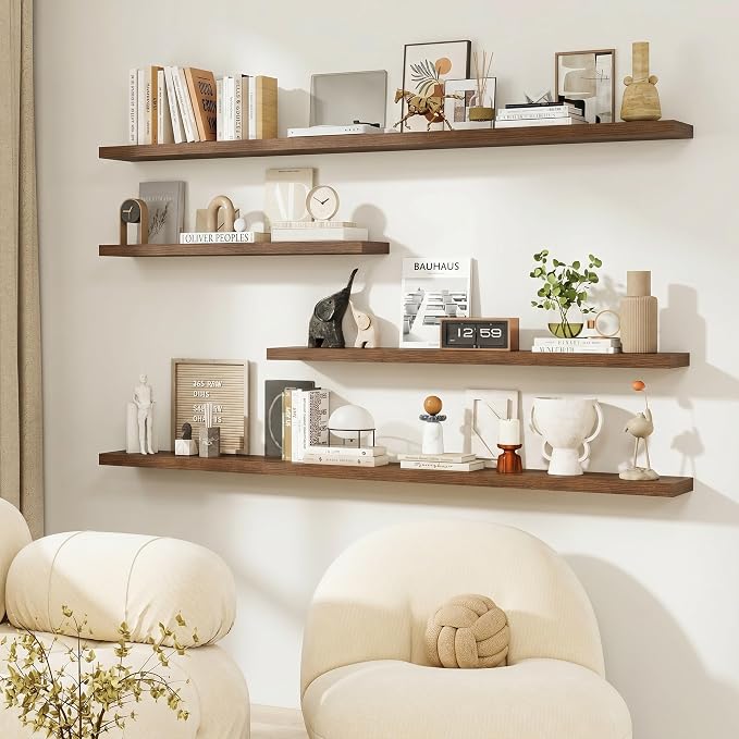 Dreamland 72Inch Floating Shelves for Wall, Rustic Wooden Walnut Floating Shelves for Living Room, Kitchen, Farmhouse, Deep Wall Mounted Book Shelf, Wood Storage Display Shelf for Home Decor, Set of 2