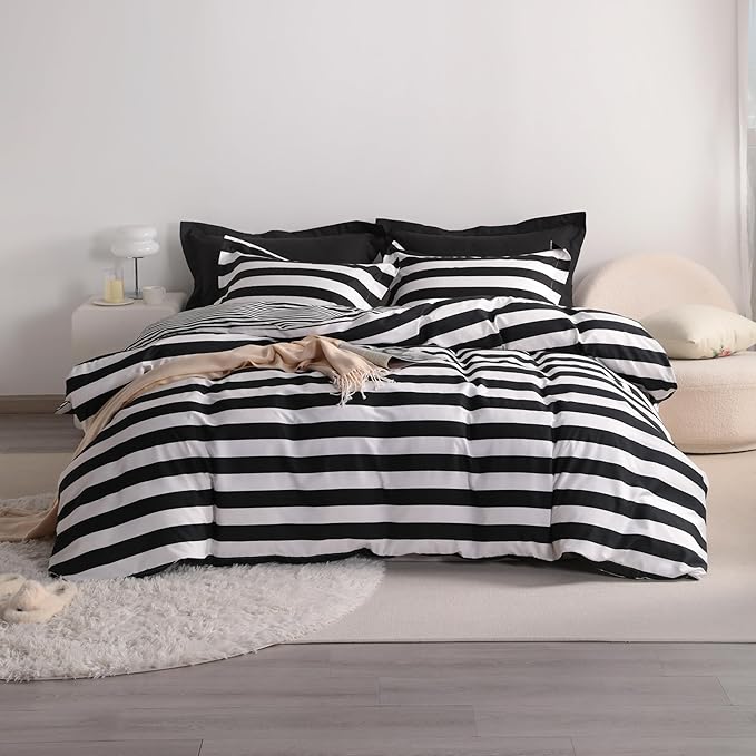 NTBAY 3 Pieces Duvet Cover Set King Size, Reversible Zipper Comforter Cover with 4 Corner Ties and 2 Pillow Shams, Soft Brushed Microfiber Comforter Cover Set with Black and White Striped Printed