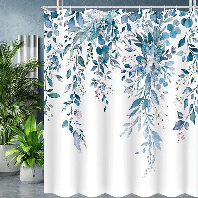 Blue Eucalyptus Shower Curtain Watercolor Floral Plant Leaf Shower Curtains for Bathroom Botanical Flower Waterproof Fabric Bath Curtain Decor with Hooks (Blue, 72'' x 72'')