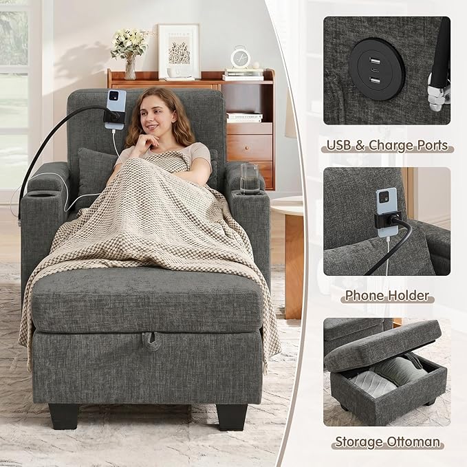 Small Chaise Lounge Chair Indoor with Ottoman&Adjustable Backrest,Chenille Tufted Recliner Comfy Sofa Chair with USB,Phone Holder&Storage Arms,Convertible Sleeper Couch Bed for Living Room(37"W,Grey)