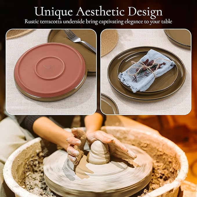 E-far Stoneware Dinnerware Sets for 2, 6 Pieces Reactive Glaze Plates and Bowls Sets, Elegant Dishes with Rustic Terracotta Base, Dishwasher & Microwave Safe, Scratch Resistant, Deep Camel