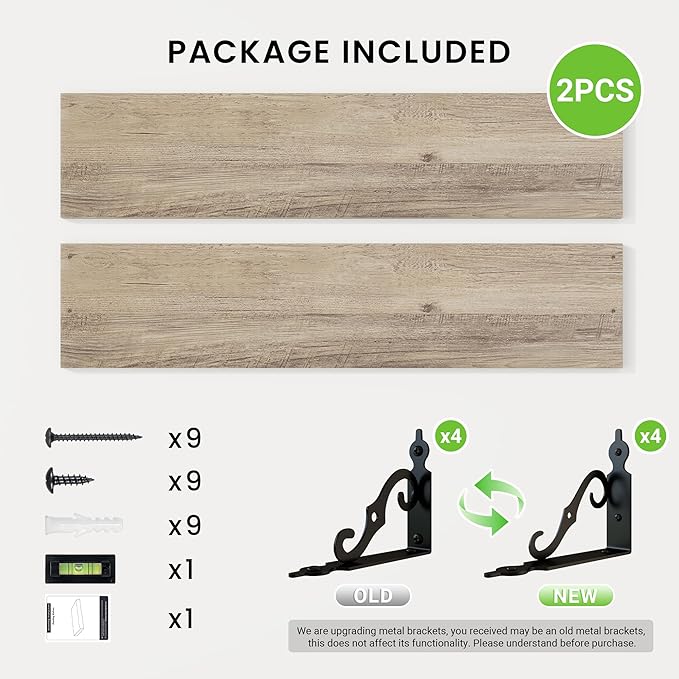 RICHFOCUS Floating Shelves for Wall Decor, 35.4W x 8D Wall Shelves Set of 2, 8 Inch Deep Rustic Wood Shelves Wall Mounted with Brackets, Long Floating Shelves for Living Room Bedroom Kitchen, Grey