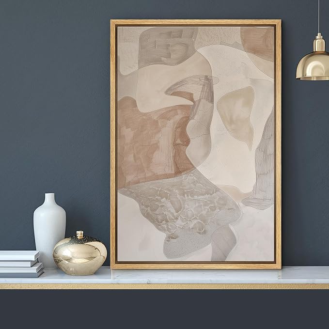 MUDECOR Framed Canvas Print Wall Art Soft Neutral Organic Shapes Abstract Illustrations Fine Art Mid-Century Modern Multicolor for Living Room, Bedroom, Office - 24"x36" NATURAL