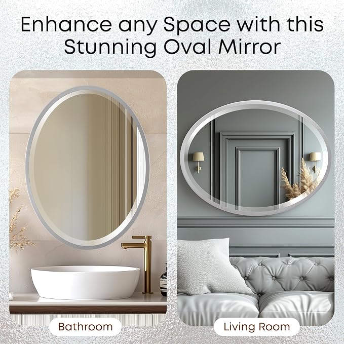 OVALCREST - Oval Wooden Beveled Wall Mirror for Home Decor, Bathroom, Vanity, Bedroom, Living Room, Hallway - London Style (Silver Spray) 31.1 x 25.1