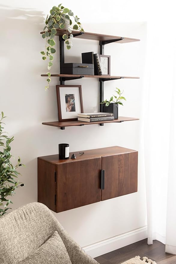 Kate and Laurel Atwood Modern Mango Wood Two-Door Wall Cabinet and Shelf Set, Walnut Brown, Decorative Storage Cabinet with Tiered Wall Shelves for Use as Cohesive Bar Storage Unit