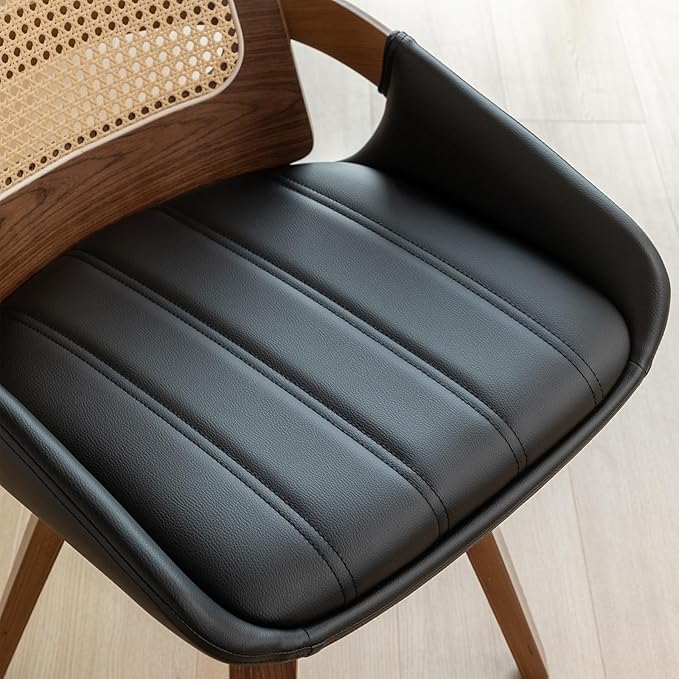 Set of 2 Kitchen & Dining Room Chairs - Swivel Dining Chairs with Cane Back, Walnut Bentwood Frame, Faux Leather Seat, Arms, Versatile for Conference/Kitchen/Restaurant/Living Room (Walnut Black)