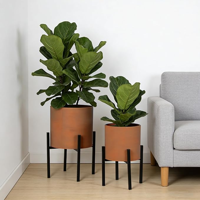 ARNIS Modern Plant Pots, Set of 2 Large Planters with Stand, Decorative Planters, Metal Pots with Drainage Holes for Living Room, Office, Garden or Balcony, 8.25 &10.5 Inch, Terracotta