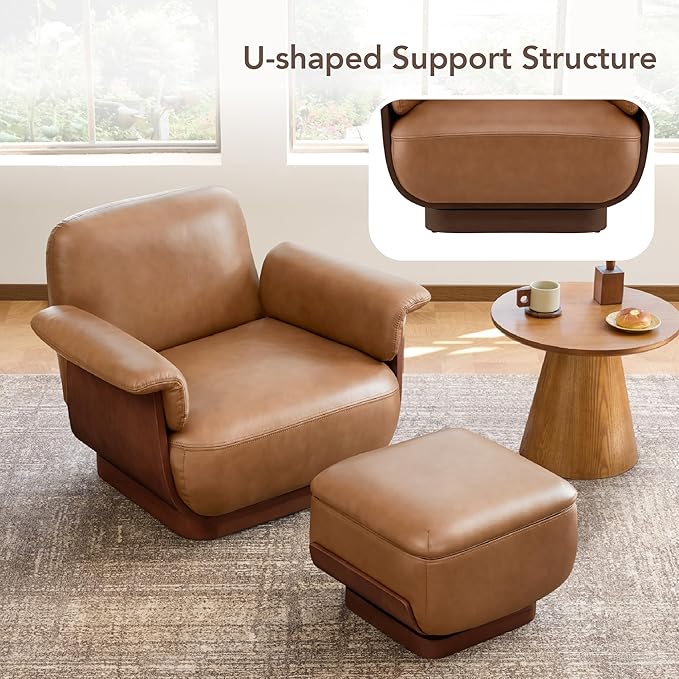 CHITA Genuine Leather Reclining Swivel Chair with Storage Ottoman, Modern Living Room Accent Chair with Lounge Seat for Bedroom, Office, Saddle