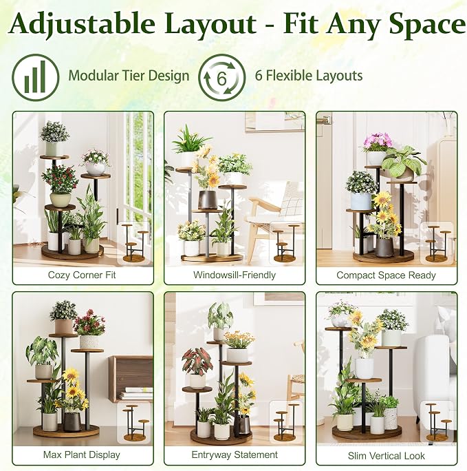 3 Tiers Wood Plant Tables Indoor Plant Stand Tall Metal Wood Plant Shelf Outdoor Indoor Plant Table Rack Tiered Plant Stand Garden Accessories for Living Room Balcony Patio - BlackRound