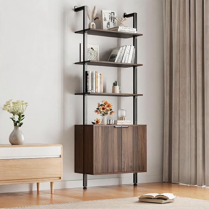INNOD 74" Tall Bookshelf with Storage Cabinet, Modern Ladder Shelf with Wood and Metal Frame, Wall Mount Bookcase Open Display Shelf Furniture for Living Room, Bedroom, Home Office, Walnut