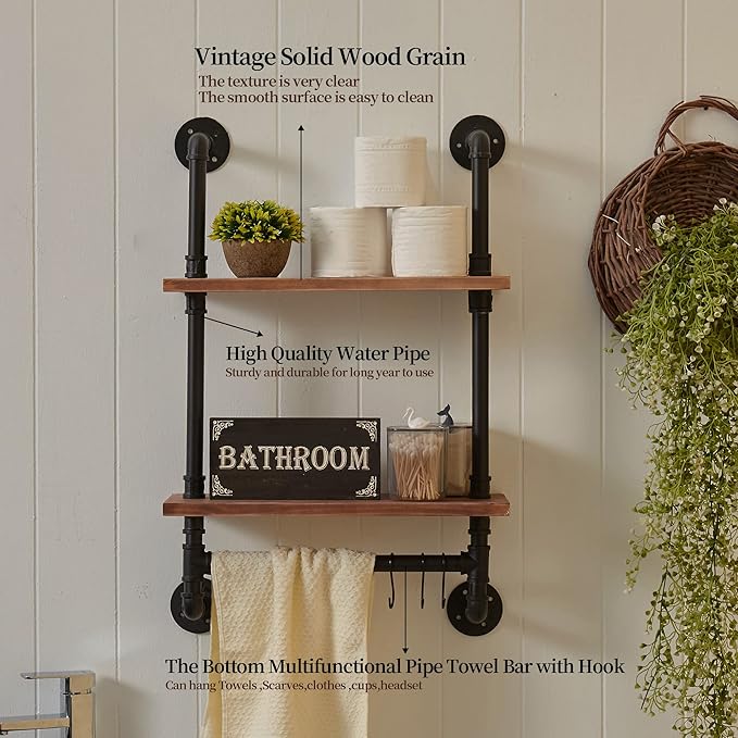 ROGMARS Industrial Pipe Shelf Floating Shelves Bathroom Pipe Shelving Farmhouse Bathroom Shelves with Towel Bar Towel Rack Over Toilet Industrial Shelf Rustic Wall Wood Shelves 19.7 Inch