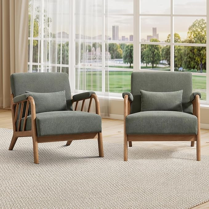 INZOY Accent Chairs Set of 2, Mid Century Modern Accent Chair with Wood Frame, Upholstered Reading Armchair with Corduroy Fabric, Accent Chair for Living Room Bedroom Apartment, Easy Assembly, Green