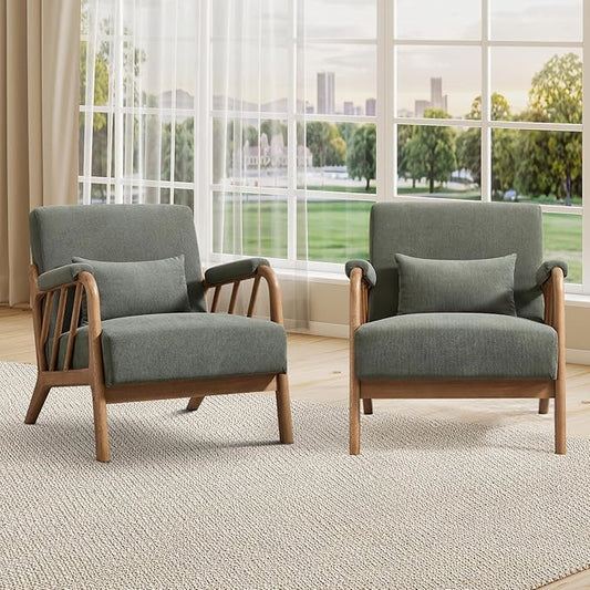INZOY Accent Chairs Set of 2, Mid Century Modern Accent Chair with Wood Frame, Upholstered Reading Armchair with Corduroy Fabric, Accent Chair for Living Room Bedroom Apartment, Easy Assembly, Green