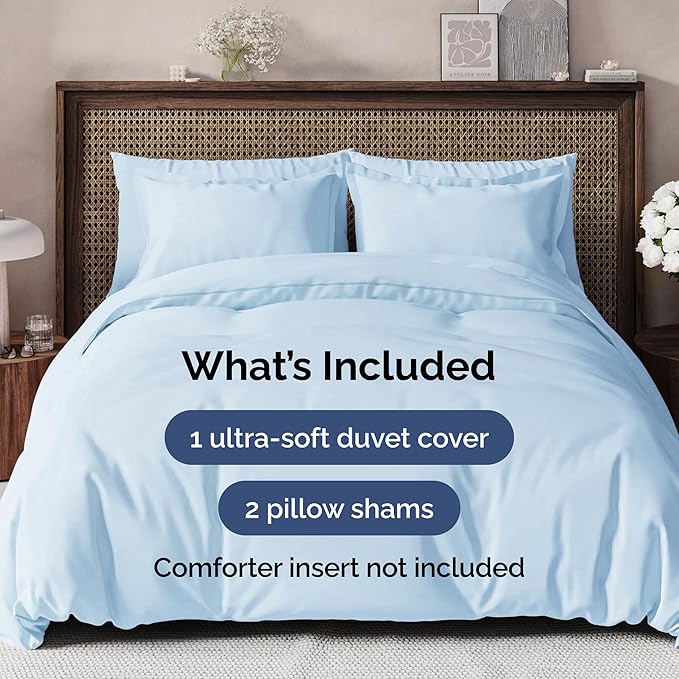 Duvet Cover Queen Size - Extra Soft Queen Size Duvet Cover - Lightweight & Breathable - Easy Care & Fade Free with Zipper Closures & Ties - 90" x 90" Inches - (Light Blue) Comforter Not Included