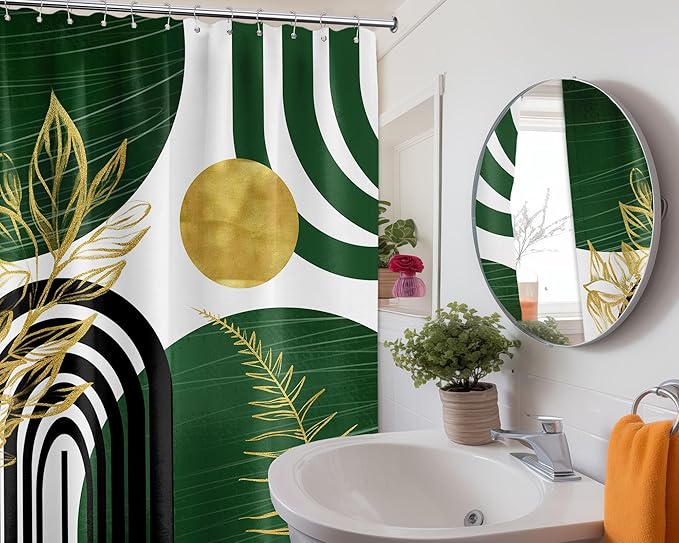 Olive Green and Gold Shower Curtain Boho Mid Century Modern Hunter Green Shower Curtains for Bathroom Decor Sets, Waterproof Cloth Fabric with Hooks 48x72in