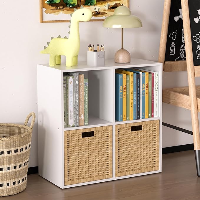 Wooden 4 Cube Storage Organizer with Closed Back Panel,White Cube Shelf Cubby Storage Organizers with Compartments for Living,Bookshelf,Organizers Easy to Install (White, 4 Cube)