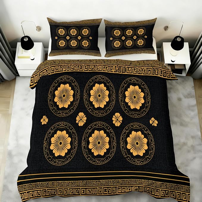 Blossoms Floral Duvet Cover Full Size, Vintage Greek Key Meander Bedding Set 3 Piece, Luxury Black Gold Patterned Comforter Cover with Zipper Soft Microfiber, 2 Pillowcases