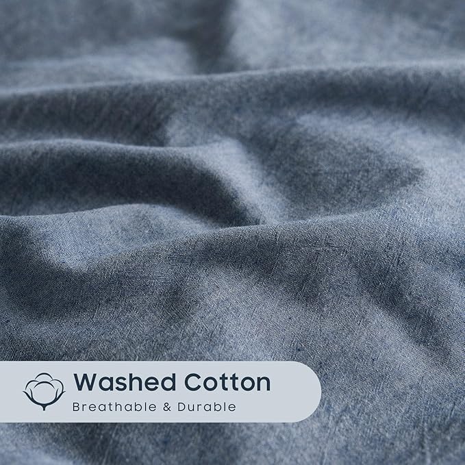 Wake In Cloud - Cotton Duvet Cover Set, 100% Washed Cotton, Linen Like Textured, Breathable Durable Comfy Farmhouse Neutral Bedding Set, 3 Pieces, Denim Blue, Twin/Twin XL Size