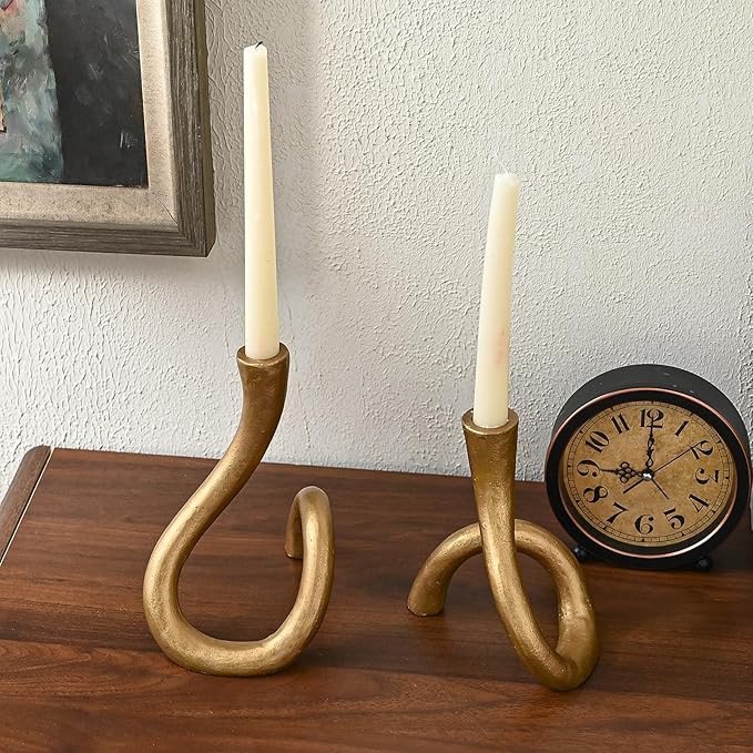 Gold Cast Iron Taper Candle Holder, Candlestick Holder Decorative, Gift Tapered Candle Holders for Home Decoration, Bedroom, Dinning, Mantel, Kitchen, Party, Set of 2