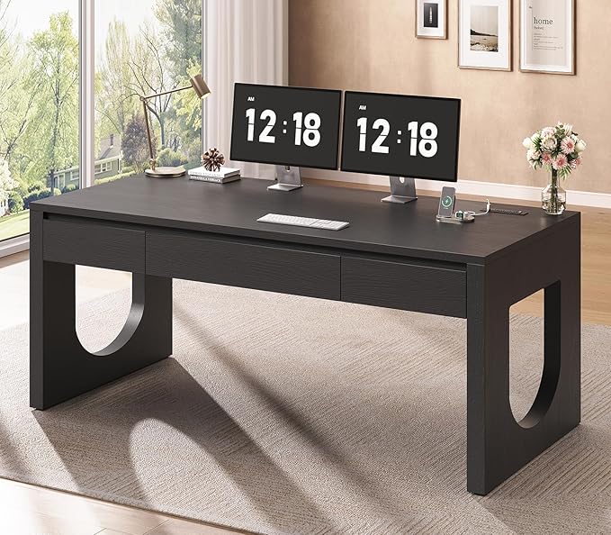 SEDETA 55" Executive Desk with 3 Drawers, Modern Office Desk with U-Shaped Legs, Wood Computer Desk with Power Outlet, Home Office Desks with Relief Texture, Black