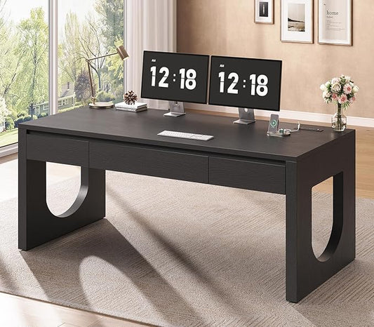 SEDETA 55" Executive Desk with 3 Drawers, Modern Office Desk with U-Shaped Legs, Wood Computer Desk with Power Outlet, Home Office Desks with Relief Texture, Black