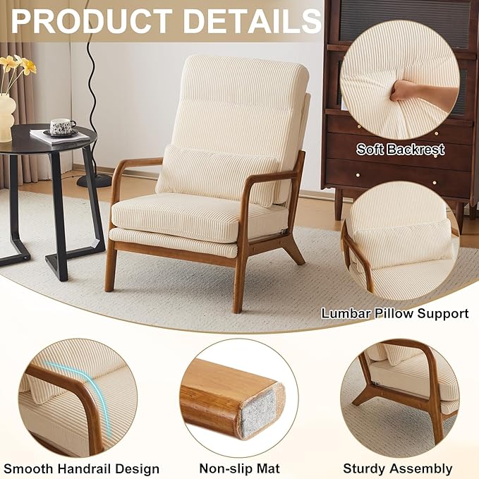 Karl home Mid-Century Modern Accent Chair, Living Room Chairs with Pillow High Back Corduroy Upholstered Lounge Armchair with Solid Wood Frame & Soft Cushion for Bedroom, Reading Room, Beige