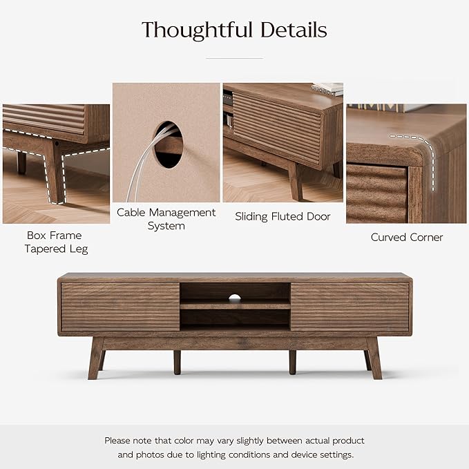 TOLEAD 59" TV Stand, Mid Century Modern Television Stand for 43/55/65 inch TV, Low Profile TV Console with Fluted Sliding Doors, Boho Light Wood Credenza for Living Room, Walnut