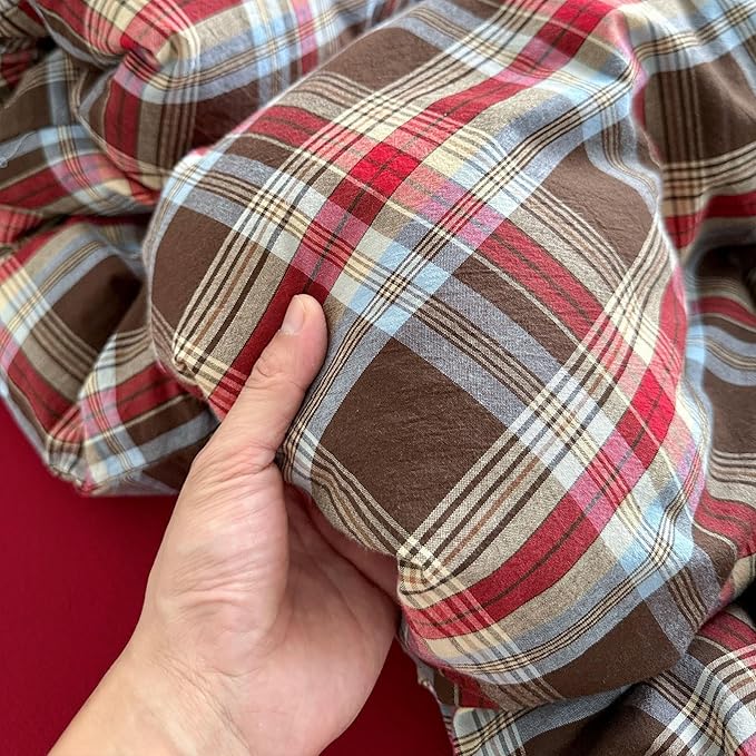 VM VOUGEMARKET Buffalo Gingham Duvet Cover Set Queen,3 Pieces Washed Cotton Bedding Set,Breathable Luxury Plaid Duvet Cover with Zipper Closure for Girls (Red&Brown)