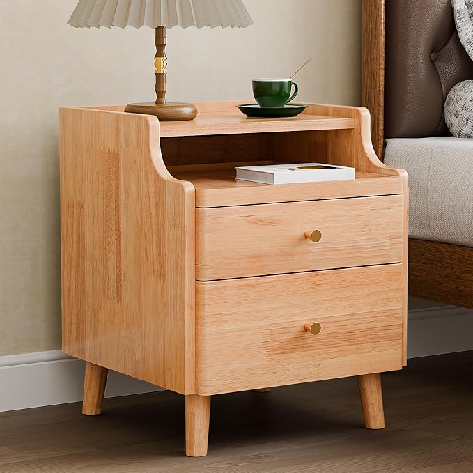 Nightstand with Drawers, Pre-Assembled, 19.7" H Natural Solid Wood Night Stand with Open Sliding Shelf, Mid Century Modern Small Bedside Table Cabinet for Bedroom, End Side Table, Natural Oak