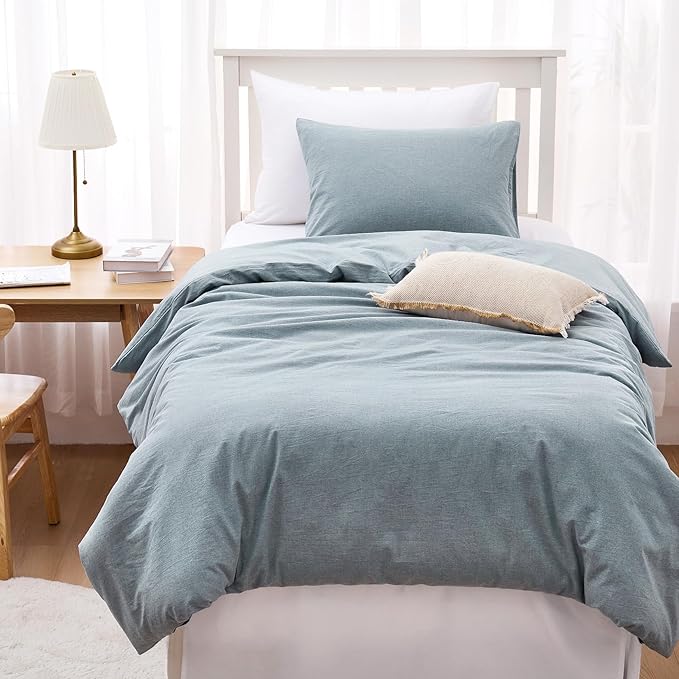 Wake In Cloud - Cotton Duvet Cover Set, 100% Washed Cotton, Linen Like Textured, Breathable Durable Comfy Farmhouse Neutral Bedding Set, 3 Pieces, Light Denim Blue, Twin/Twin XL Size
