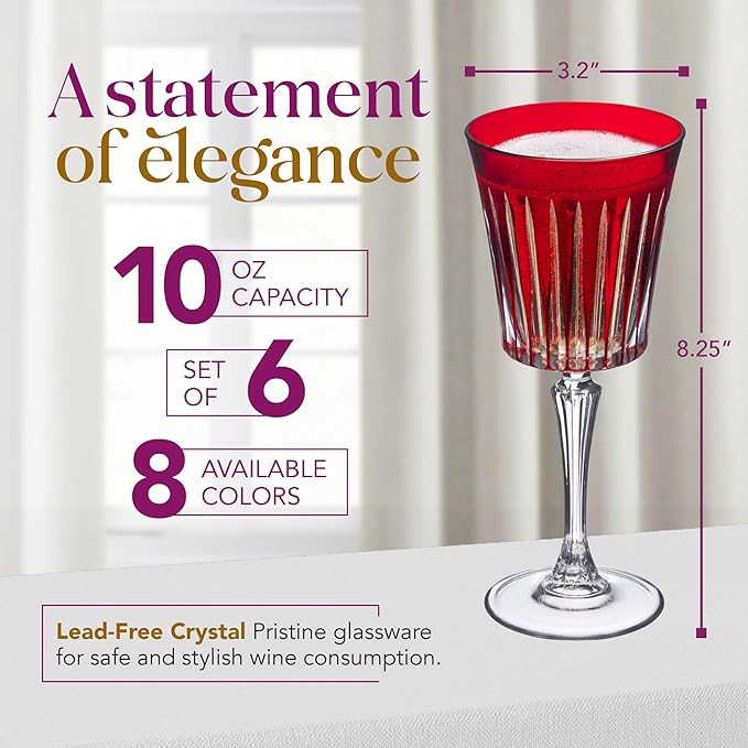 Barski European Colored Wine Glasses - Set of 6 Goblets for Red or White Wine - Elegant Glassware Water Goblets - Gift Ready Stemware, Colorful Glasses, 10 oz, Assorted
