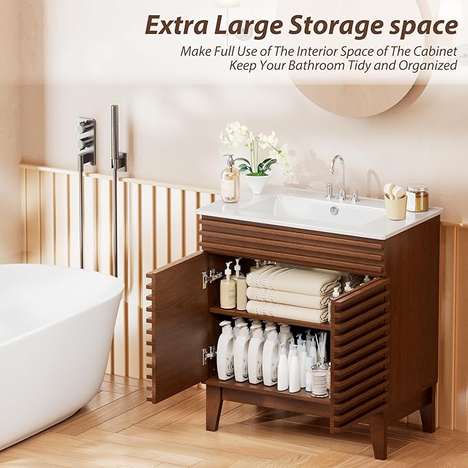 APRILSOUL 30" Bathroom Vanity with Ceramic Sink, Mid-Century Bathroom Vanity Cabinet with 2 Soft Closing Doors, Freestanding Bathroom Cabinet, Particleboard Frame with Wood Grain Laminate, Walnut
