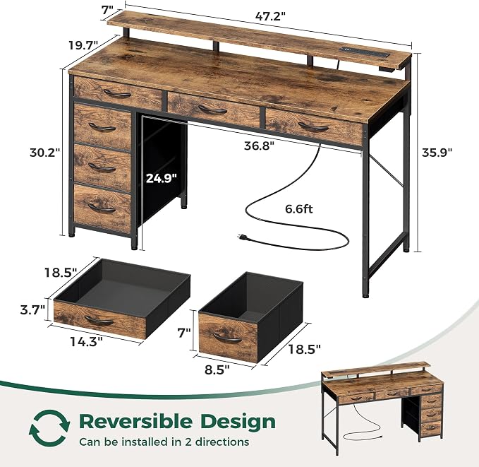 Huuger Gaming Desk with 6 Drawers, Computer Desk with LED Lights Power Outlets and Type-C, 47 Inch Office Desk with Storage, Monitor Stand, Writing Desk Work Desk for Home Office, Study, Rustic Brown