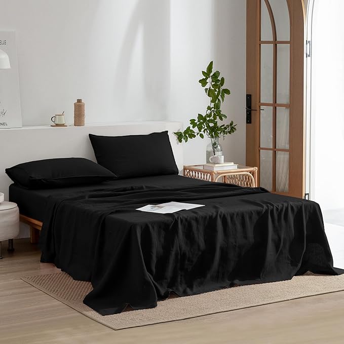 EVERLY Linen Sheets Set Twin Size,100% French Stonewash Pure Linen Sheets Set,3Pieces (1Flat Sheet,1Fitted Sheet,1Pillowcase) Suitable for Hot Sleepers,Deep Pocket Natural Bedding Set-Black