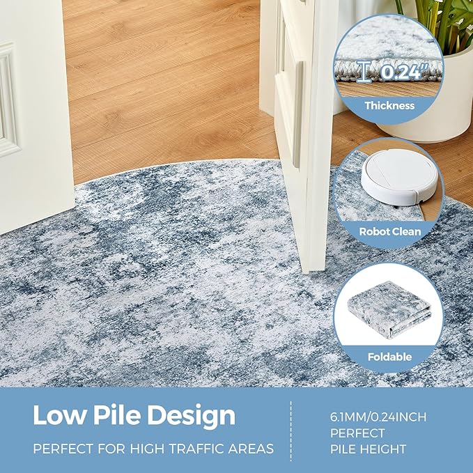 WITSHOCK 6ft Round Area Rug for Living Room: 6x6 Washable Neutral Modern Abstract Soft Thin Rug Indoor Floor No Slip Rug Carpet for Bedroom Under Dining Table Home Office Decor (Blue)