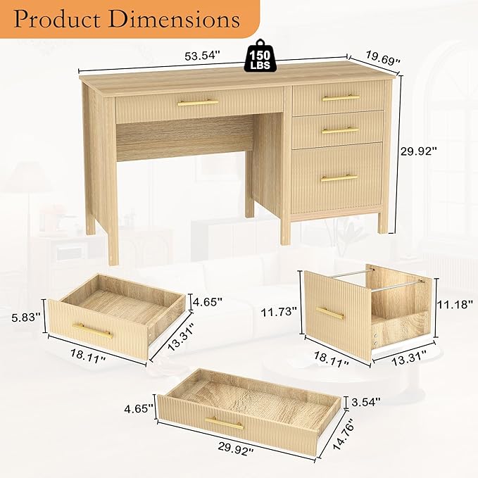 Executive Desk with Drawers: 54" Oak Desk with File Cabinet, Home Office Desks with Storage, Modern Desks with File Drawer, Fluted Wood Computer Table (54")