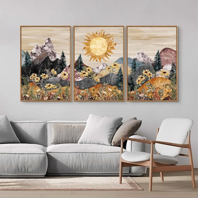 Rantodecor Boho Mountain Framed Canvas Wall Art, Western Daisy Floral Landscape Wall Decor, Rustic Fern Flowers Art Painting, Modern Fantasy Nature Sun Artwork for Bedroom Living Room Office 16"x24"x3