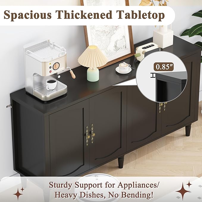 63" Sideboard Buffet Cabinet with Storage, Mid Century Modern Credenza with Adjustable Shelves & Carved Handles, Large Kitchen Buffet Table Coffee Bar for Dining Room & Living Room - Black