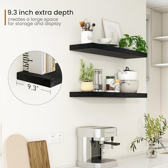 Fun Memories Floating Shelves - 9.3 Inch Deep Wall Shelf for Decor & Storage - Wall Mounted Display Shelving with Invisible Heavy-Duty Metal Bracket - 36" W x 9" D x 1.6" H - Set of 1 - Rustic Black