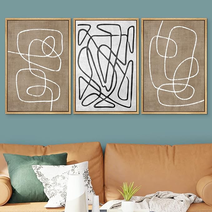 SIGNWIN Framed Canvas Print Wall Art Set Geometric Mid-Century Sketches Graffiti & Street Art Abstract Illustrations Modern Art Decorative Nordic for Living Room, Bedroom, Office - 24"x36"x3 Natural